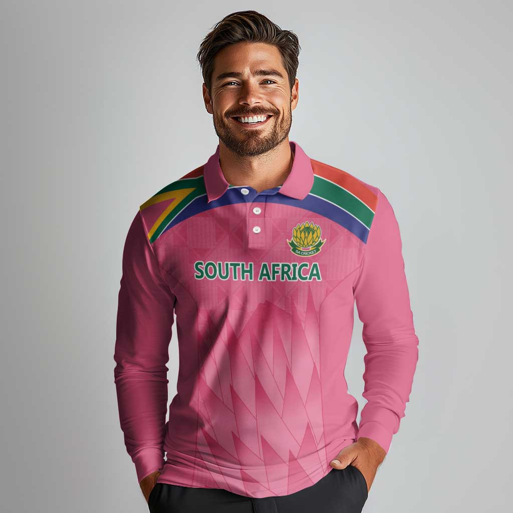 South Africa Cricket Custom Long Sleeve Polo Shirt Proteas Pink