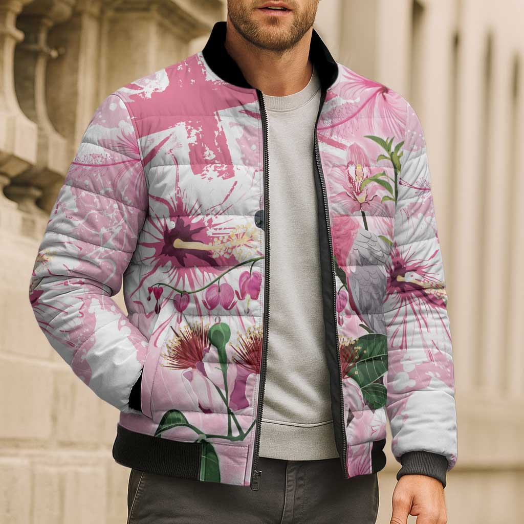 Personalised Australia Day Bomber Puffer Jacket Pink Parrot Bird Opal Art - Aussie Hoodie