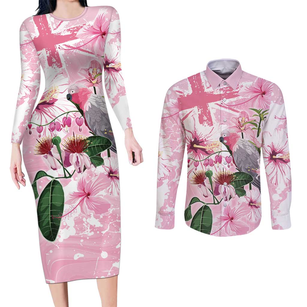 Personalised Australia Day Couples Matching Long Sleeve Bodycon Dress and Long Sleeve Button Shirt Pink Parrot Bird Opal Art - Aussie Hoodie