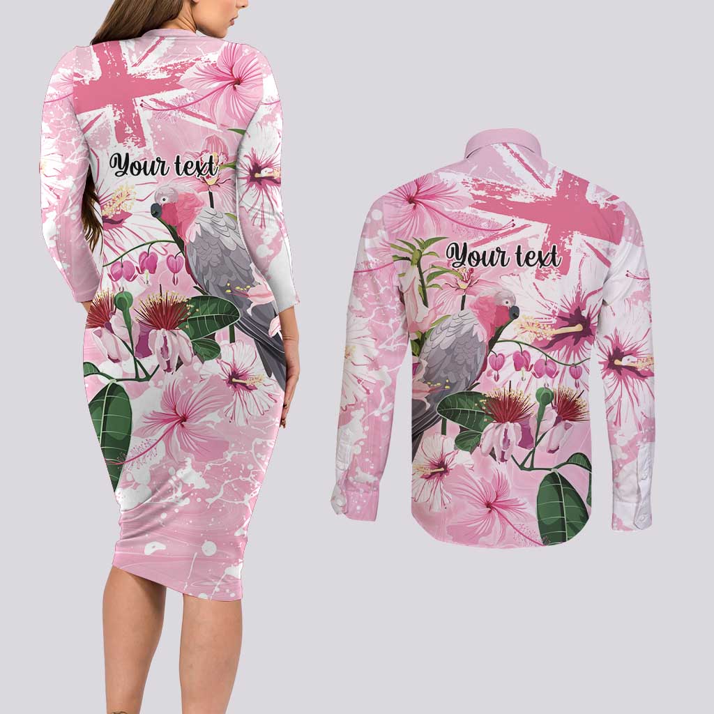 Personalised Australia Day Couples Matching Long Sleeve Bodycon Dress and Long Sleeve Button Shirt Pink Parrot Bird Opal Art - Aussie Hoodie