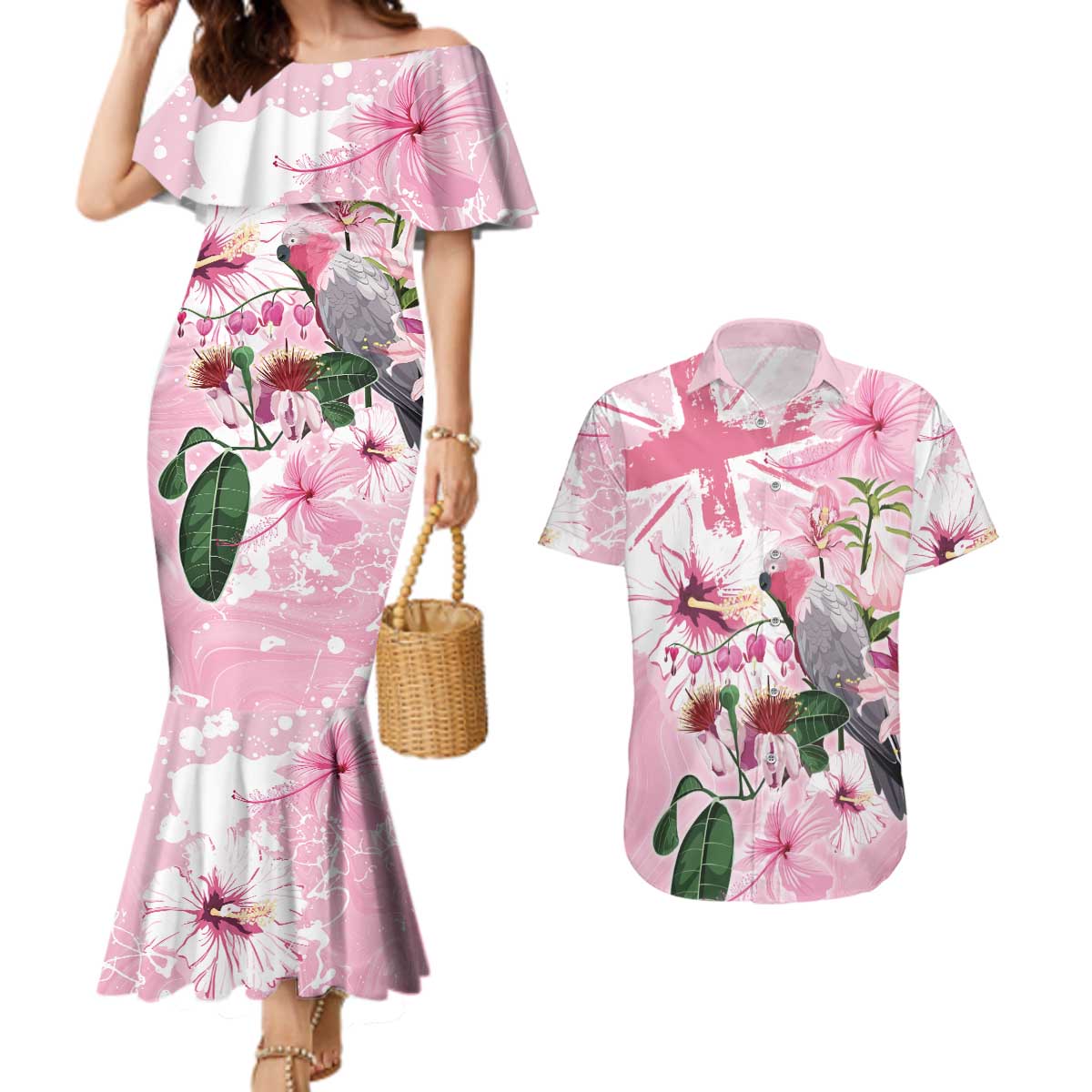 Personalised Australia Day Couples Matching Mermaid Dress and Hawaiian Shirt Pink Parrot Bird Opal Art - Aussie Hoodie