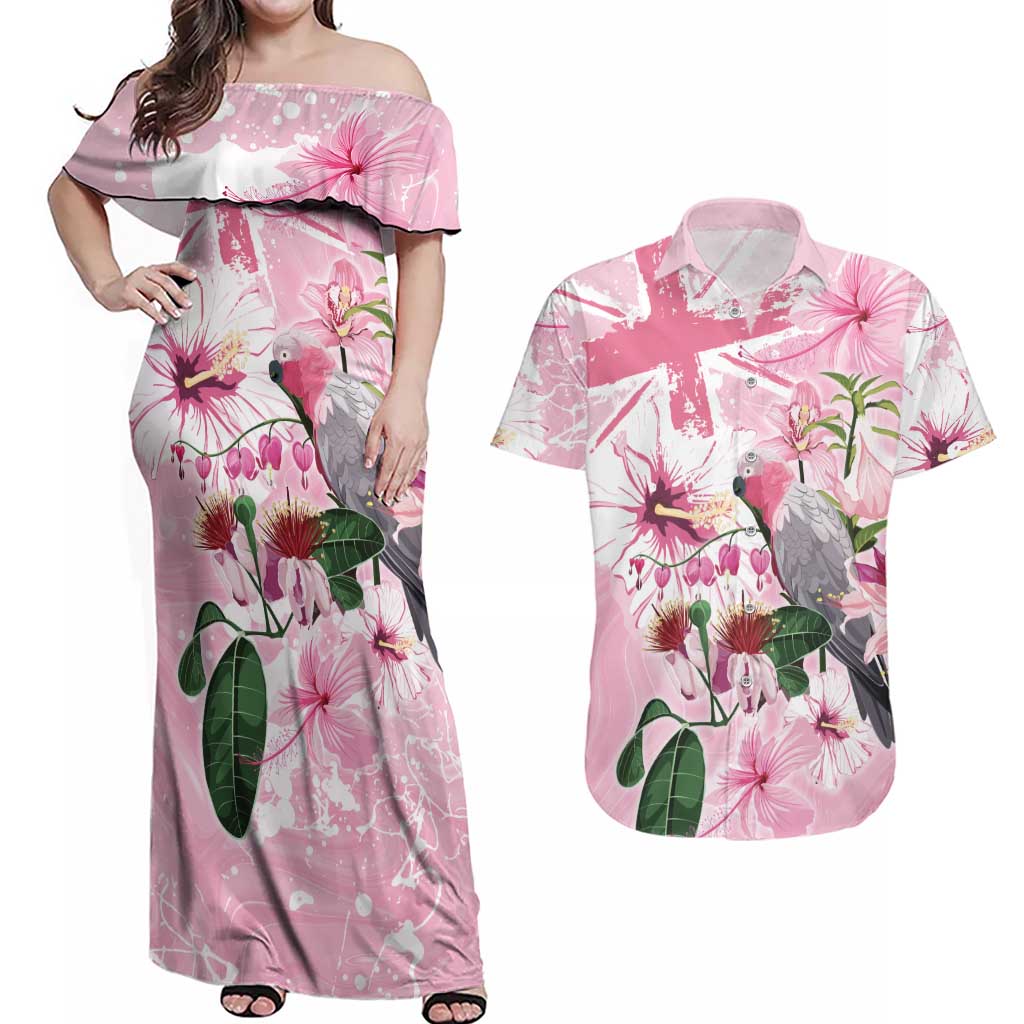 Personalised Australia Day Couples Matching Off Shoulder Maxi Dress and Hawaiian Shirt Pink Parrot Bird Opal Art - Aussie Hoodie