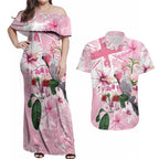 Personalised Australia Day Couples Matching Off Shoulder Maxi Dress and Hawaiian Shirt Pink Parrot Bird Opal Art - Aussie Hoodie