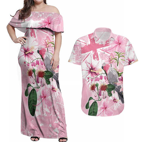 Personalised Australia Day Couples Matching Off Shoulder Maxi Dress and Hawaiian Shirt Pink Parrot Bird Opal Art - Aussie Hoodie