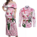 Personalised Australia Day Couples Matching Off Shoulder Maxi Dress and Long Sleeve Button Shirt Pink Parrot Bird Opal Art - Aussie Hoodie