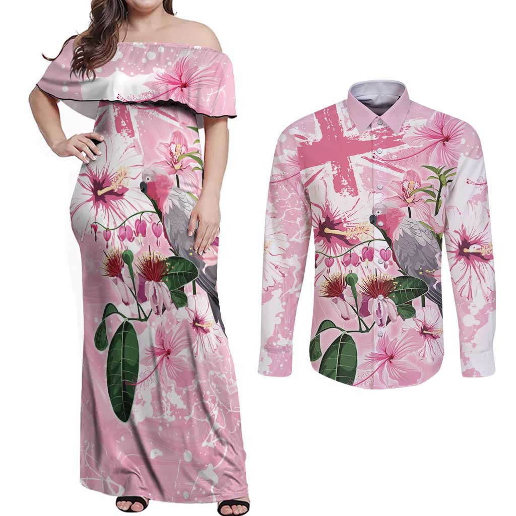 Personalised Australia Day Couples Matching Off Shoulder Maxi Dress and Long Sleeve Button Shirt Pink Parrot Bird Opal Art - Aussie Hoodie