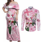 Personalised Australia Day Couples Matching Off Shoulder Maxi Dress and Long Sleeve Button Shirt Pink Parrot Bird Opal Art - Aussie Hoodie
