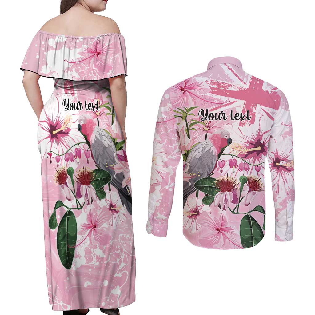Personalised Australia Day Couples Matching Off Shoulder Maxi Dress and Long Sleeve Button Shirt Pink Parrot Bird Opal Art - Aussie Hoodie