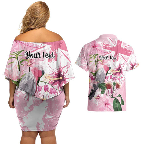 Personalised Australia Day Couples Matching Off Shoulder Short Dress and Hawaiian Shirt Pink Parrot Bird Opal Art - Aussie Hoodie