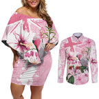 Personalised Australia Day Couples Matching Off Shoulder Short Dress and Long Sleeve Button Shirt Pink Parrot Bird Opal Art - Aussie Hoodie