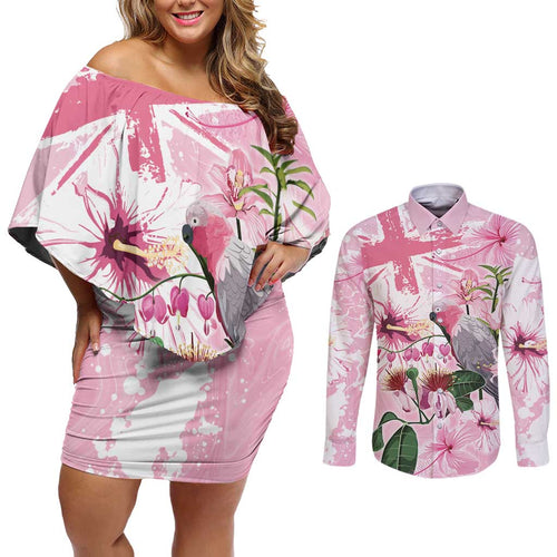 Personalised Australia Day Couples Matching Off Shoulder Short Dress and Long Sleeve Button Shirt Pink Parrot Bird Opal Art - Aussie Hoodie