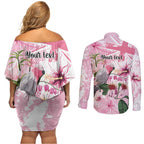 Personalised Australia Day Couples Matching Off Shoulder Short Dress and Long Sleeve Button Shirt Pink Parrot Bird Opal Art - Aussie Hoodie