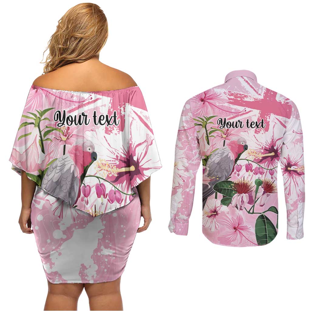 Personalised Australia Day Couples Matching Off Shoulder Short Dress and Long Sleeve Button Shirt Pink Parrot Bird Opal Art - Aussie Hoodie