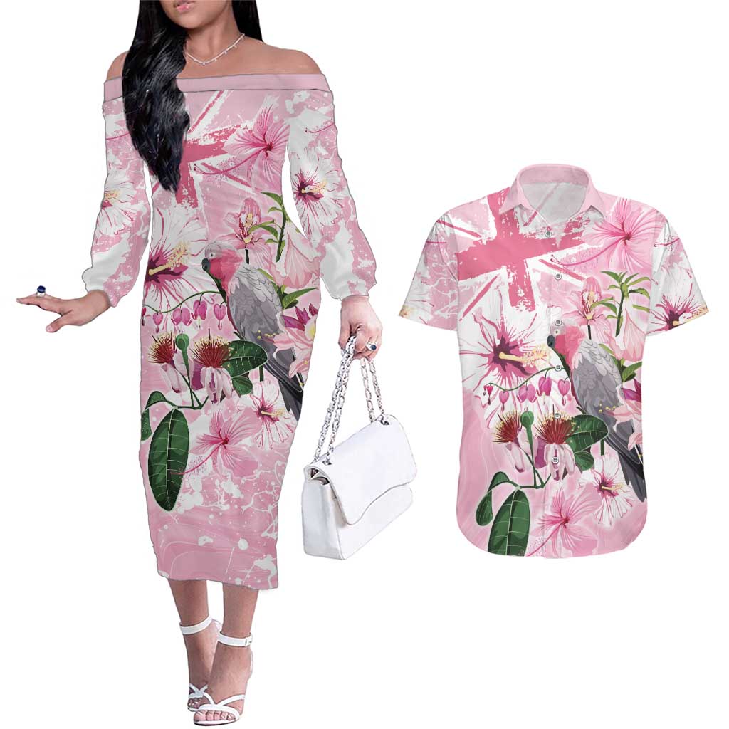 Personalised Australia Day Couples Matching Off The Shoulder Long Sleeve Dress and Hawaiian Shirt Pink Parrot Bird Opal Art - Aussie Hoodie