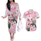 Personalised Australia Day Couples Matching Off The Shoulder Long Sleeve Dress and Hawaiian Shirt Pink Parrot Bird Opal Art - Aussie Hoodie