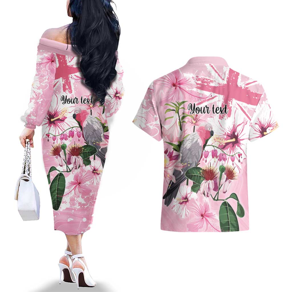 Personalised Australia Day Couples Matching Off The Shoulder Long Sleeve Dress and Hawaiian Shirt Pink Parrot Bird Opal Art - Aussie Hoodie