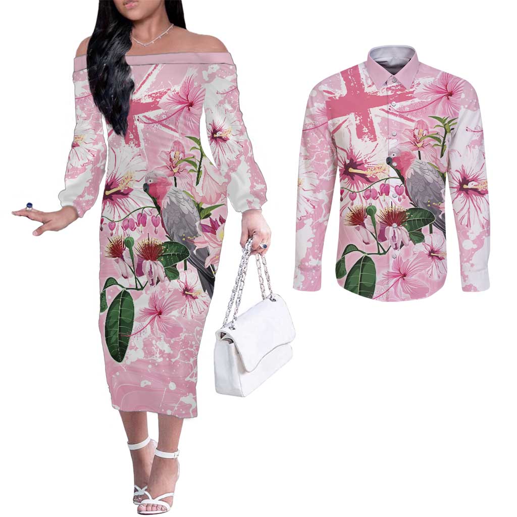 Personalised Australia Day Couples Matching Off The Shoulder Long Sleeve Dress and Long Sleeve Button Shirt Pink Parrot Bird Opal Art - Aussie Hoodie