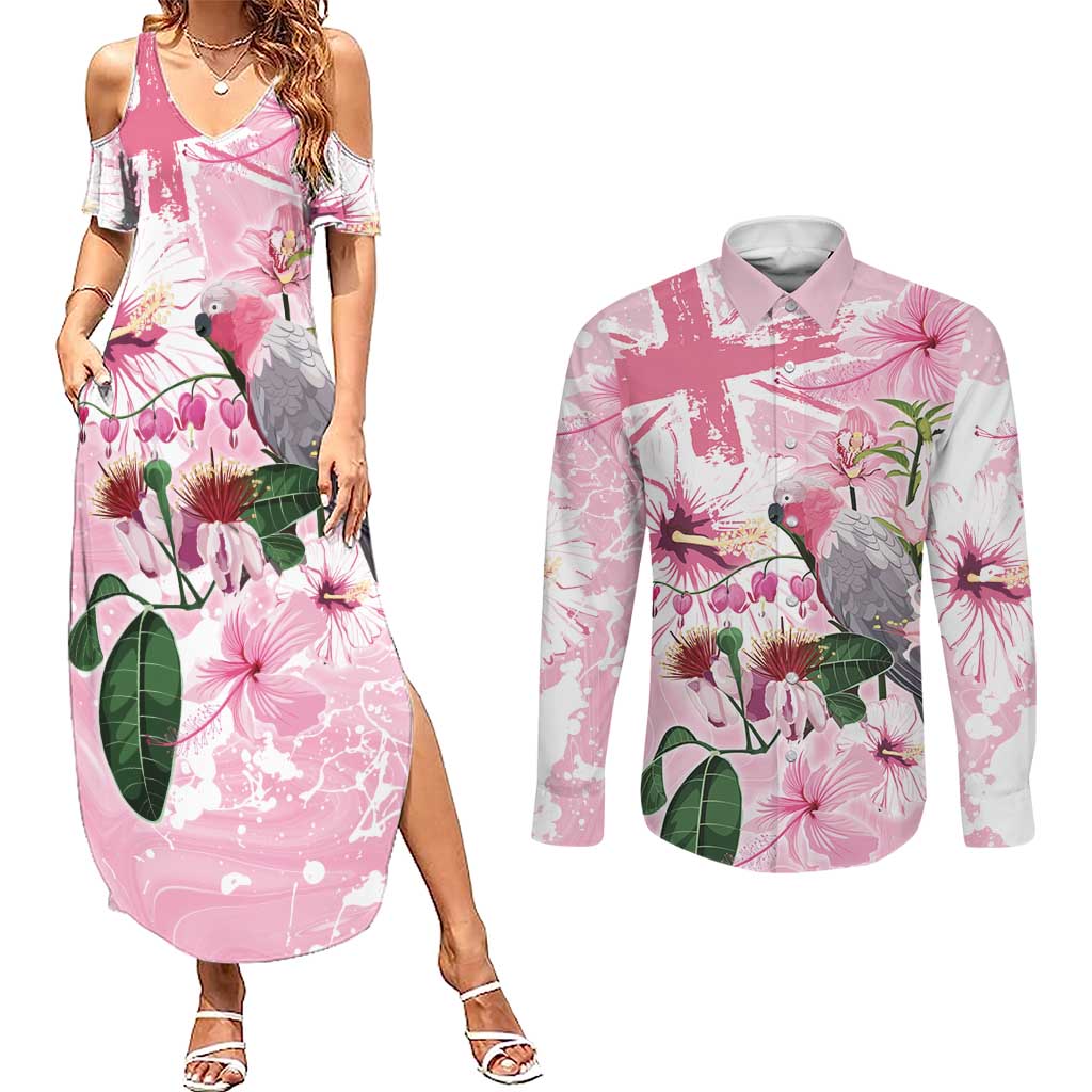 Personalised Australia Day Couples Matching Summer Maxi Dress and Long Sleeve Button Shirt Pink Parrot Bird Opal Art - Aussie Hoodie