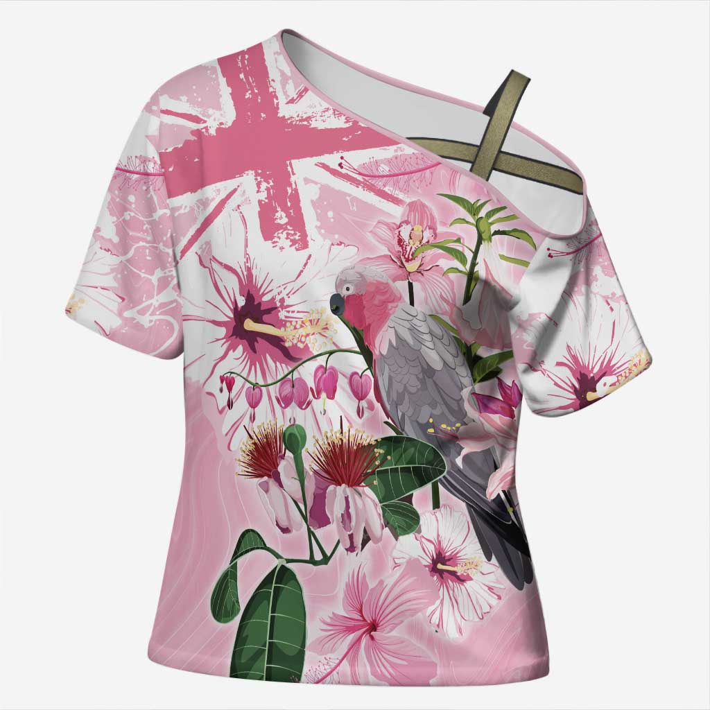 Personalised Australia Day Cross Shoulder Shirt Pink Parrot Bird Opal Art - Aussie Hoodie