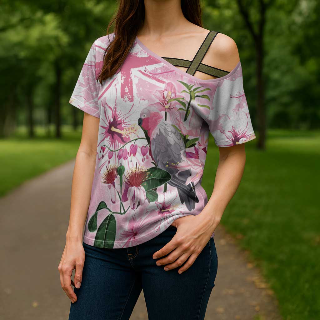 Personalised Australia Day Cross Shoulder Shirt Pink Parrot Bird Opal Art - Aussie Hoodie