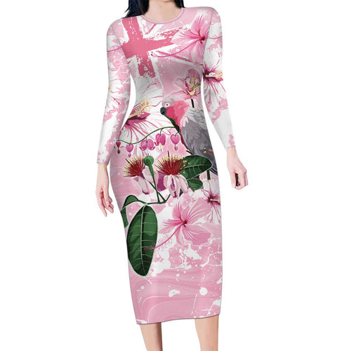 Personalised Australia Day Long Sleeve Bodycon Dress Pink Parrot Bird Opal Art - Aussie Hoodie