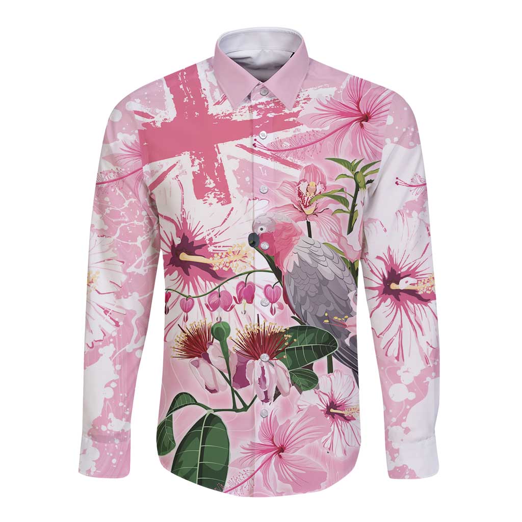 Personalised Australia Day Long Sleeve Button Shirt Pink Parrot Bird Opal Art - Aussie Hoodie