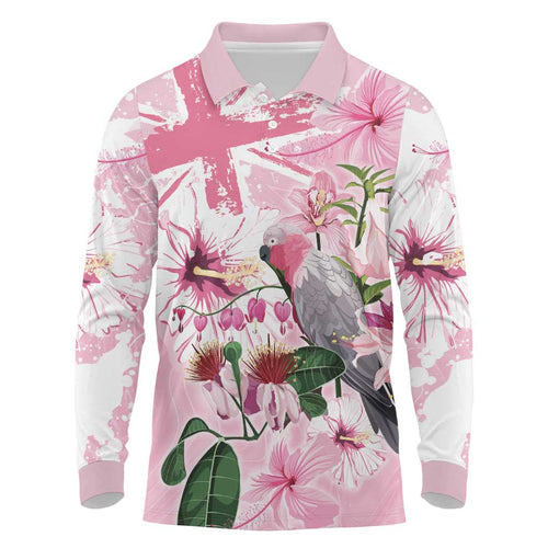 Personalised Australia Day Long Sleeve Polo Shirt Pink Parrot Bird Opal Art - Aussie Hoodie