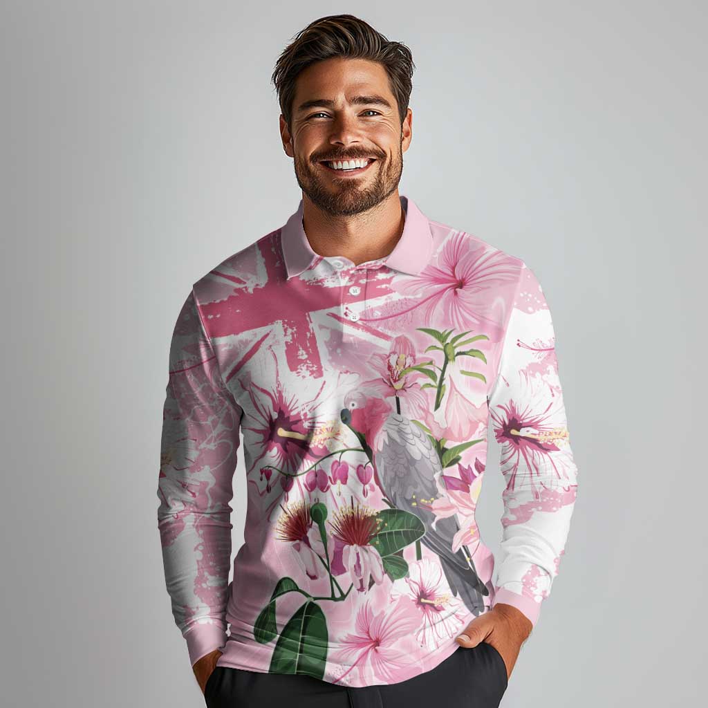 Personalised Australia Day Long Sleeve Polo Shirt Pink Parrot Bird Opal Art - Aussie Hoodie