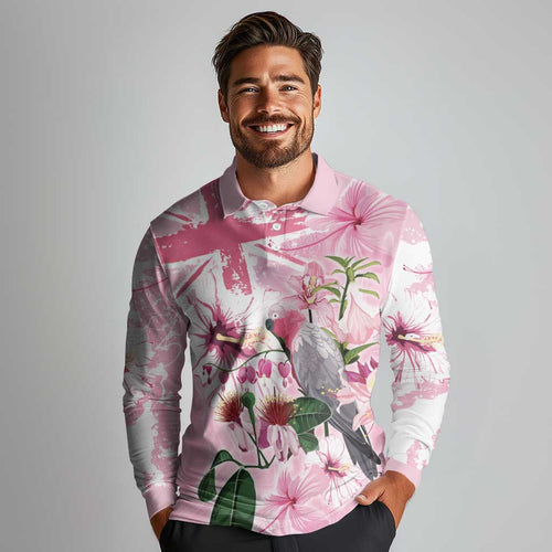 Personalised Australia Day Long Sleeve Polo Shirt Pink Parrot Bird Opal Art - Aussie Hoodie