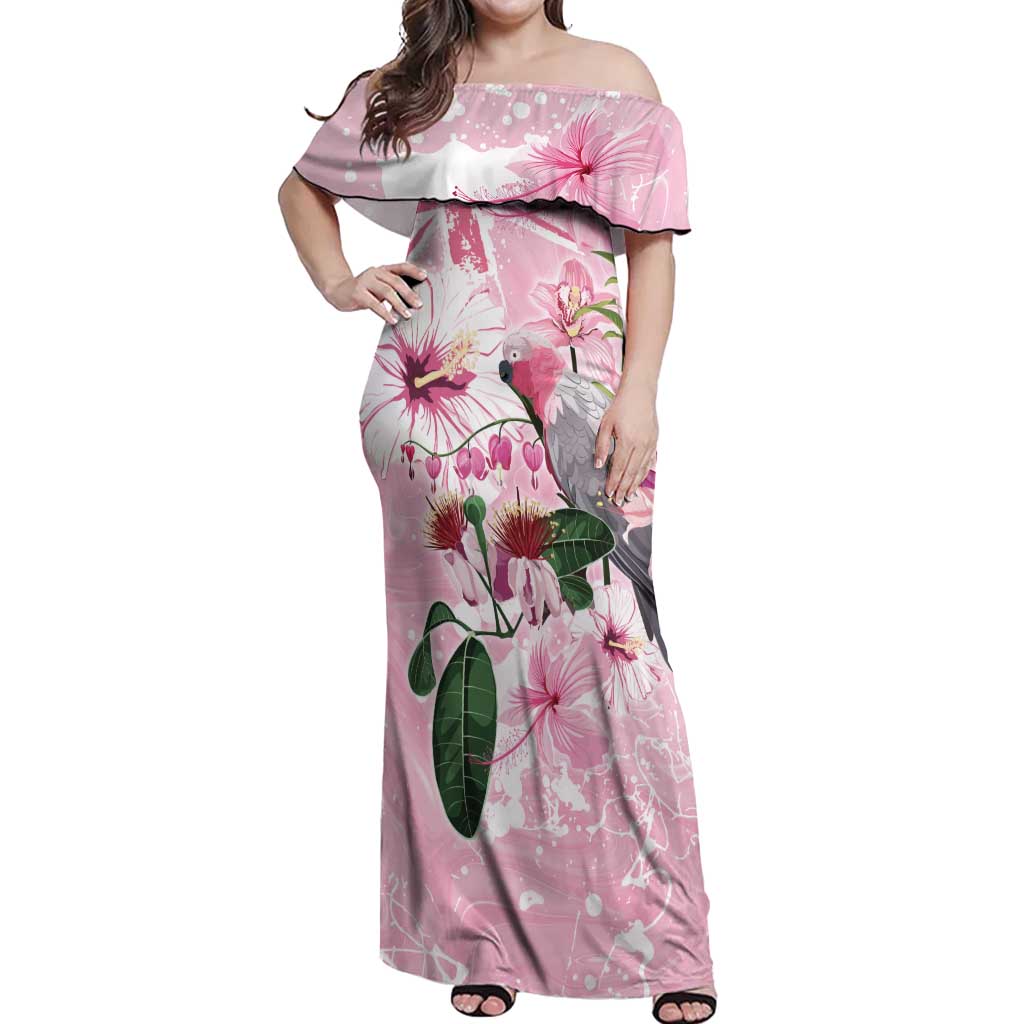 Personalised Australia Day Off Shoulder Maxi Dress Pink Parrot Bird Opal Art - Aussie Hoodie