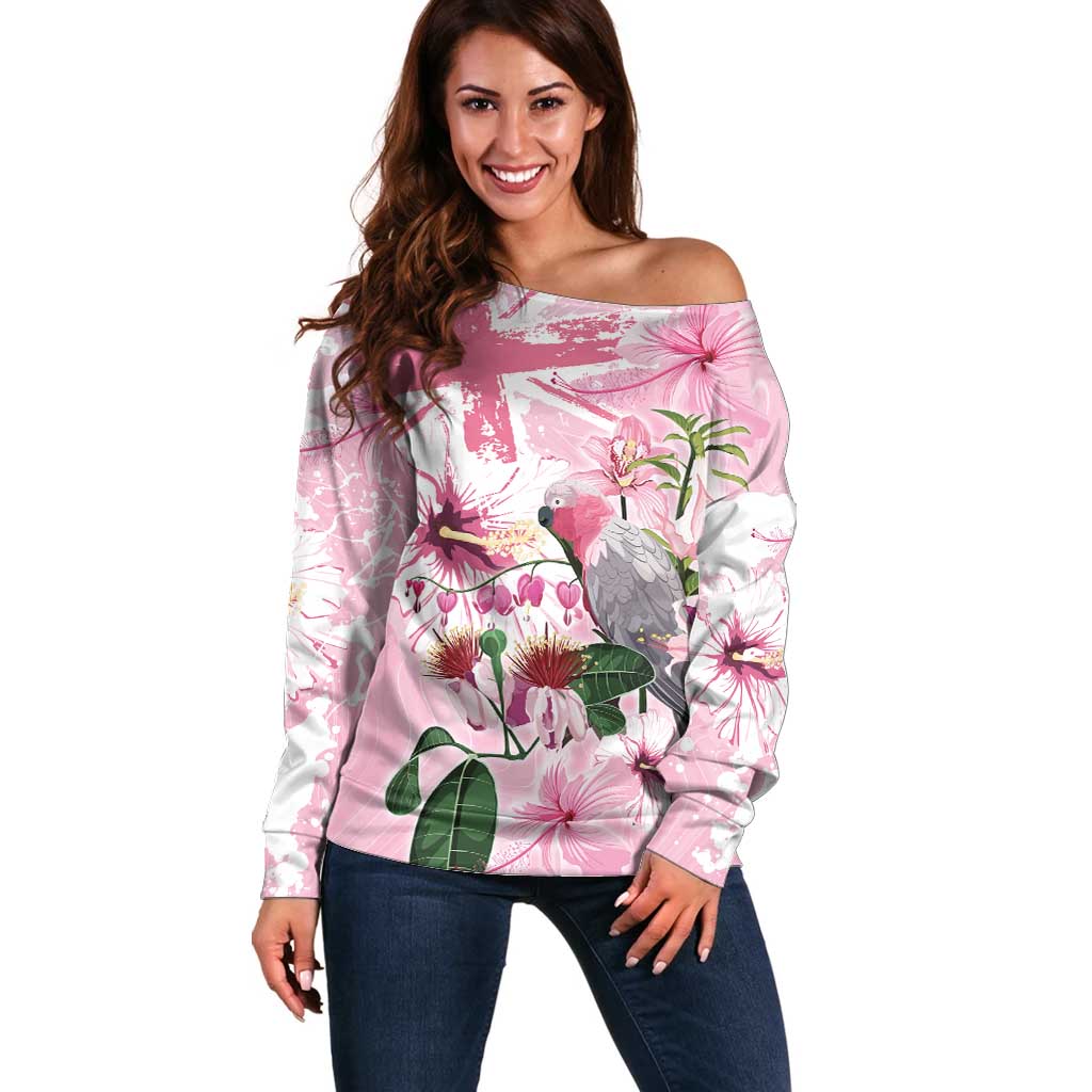 Personalised Australia Day Off Shoulder Sweater Pink Parrot Bird Opal Art - Aussie Hoodie