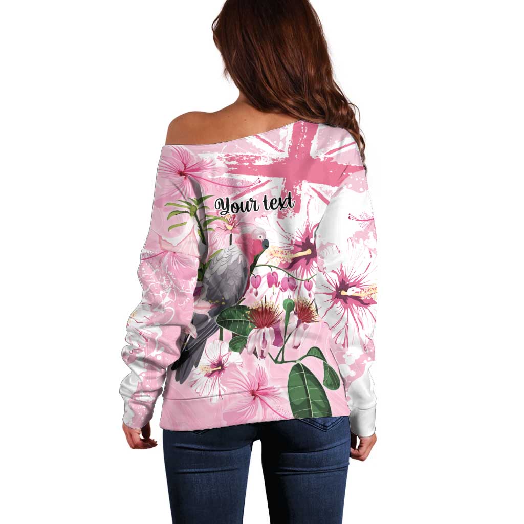 Personalised Australia Day Off Shoulder Sweater Pink Parrot Bird Opal Art - Aussie Hoodie