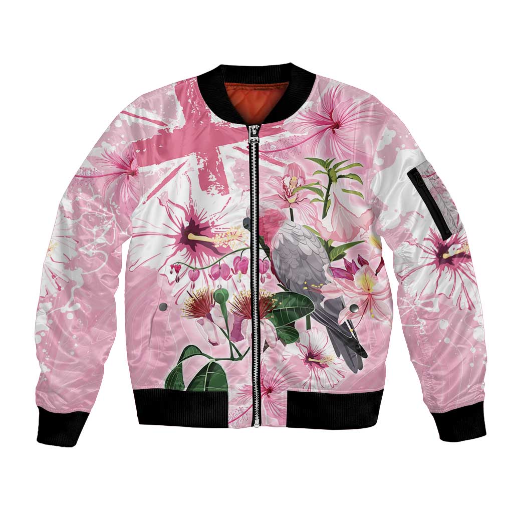 Personalised Australia Day Sleeve Zip Bomber Jacket Pink Parrot Bird Opal Art - Aussie Hoodie