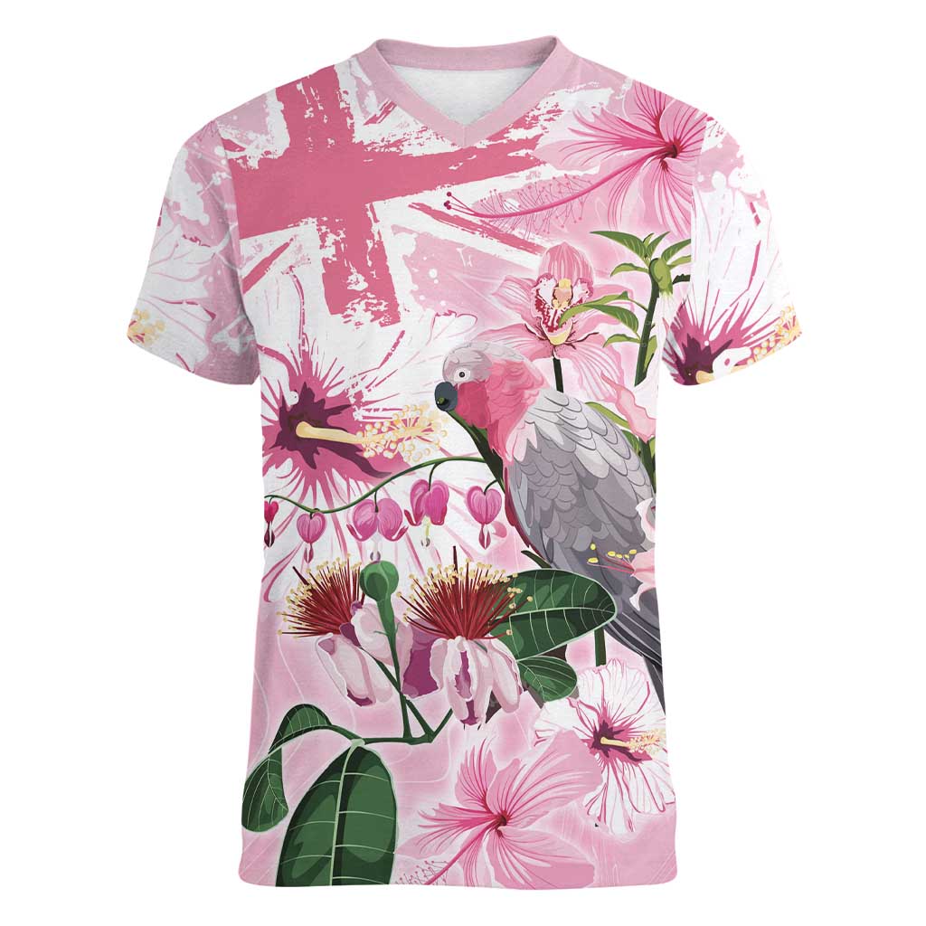 Personalised Australia Day Women V-Neck T-Shirt Pink Parrot Bird Opal Art - Aussie Hoodie