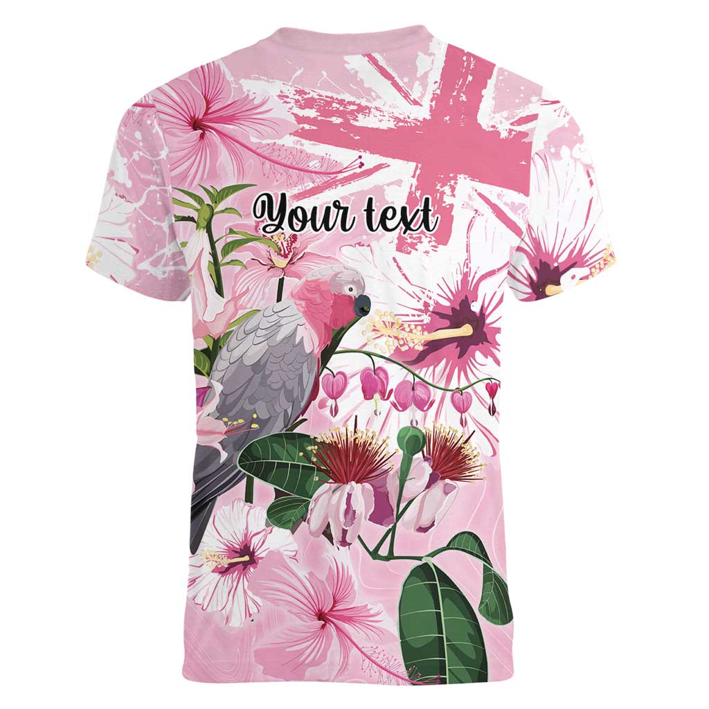 Personalised Australia Day Women V-Neck T-Shirt Pink Parrot Bird Opal Art - Aussie Hoodie