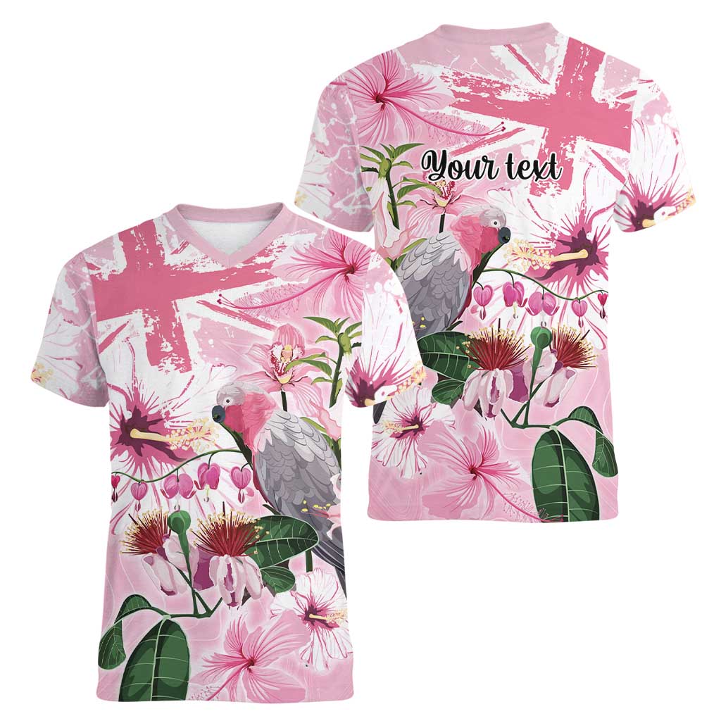 Personalised Australia Day Women V-Neck T-Shirt Pink Parrot Bird Opal Art - Aussie Hoodie