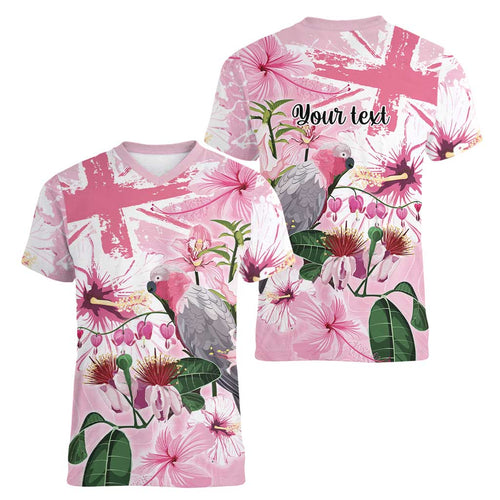 Personalised Australia Day Women V-Neck T-Shirt Pink Parrot Bird Opal Art - Aussie Hoodie