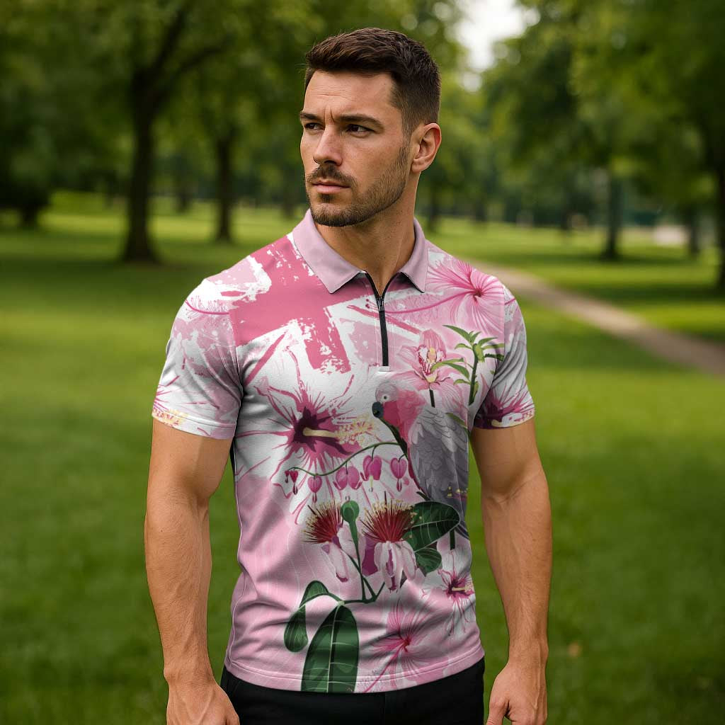 Personalised Australia Day Zipper Polo Shirt Pink Parrot Bird Opal Art - Aussie Hoodie