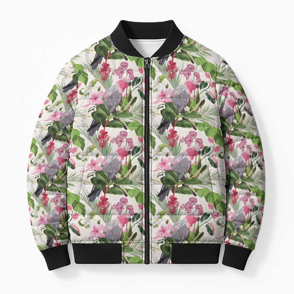 Aussie Pink Cockatoo Flowers Seamless Pattern Bomber Puffer Jacket - Aussie Hoodie
