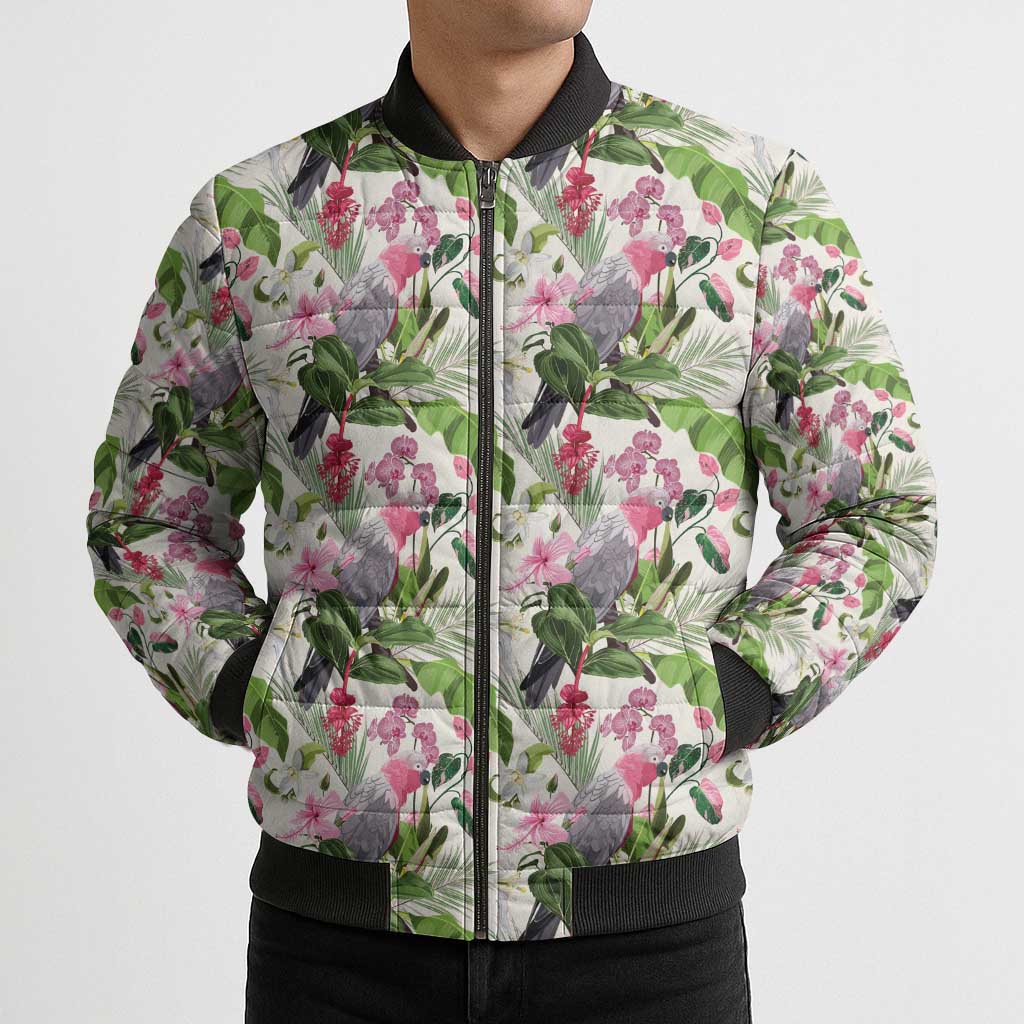 Aussie Pink Cockatoo Flowers Seamless Pattern Bomber Puffer Jacket - Aussie Hoodie