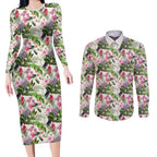 Aussie Pink Cockatoo Flowers Seamless Pattern Couples Matching Long Sleeve Bodycon Dress and Long Sleeve Button Shirt - Aussie Hoodie