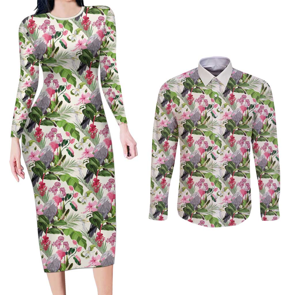 Aussie Pink Cockatoo Flowers Seamless Pattern Couples Matching Long Sleeve Bodycon Dress and Long Sleeve Button Shirt - Aussie Hoodie