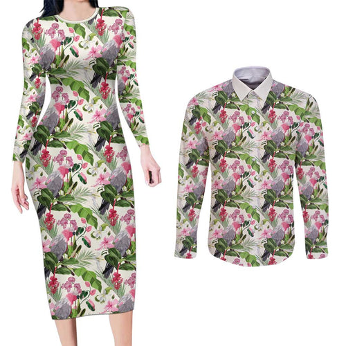 Aussie Pink Cockatoo Flowers Seamless Pattern Couples Matching Long Sleeve Bodycon Dress and Long Sleeve Button Shirt - Aussie Hoodie