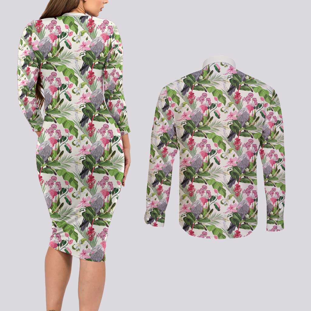 Aussie Pink Cockatoo Flowers Seamless Pattern Couples Matching Long Sleeve Bodycon Dress and Long Sleeve Button Shirt - Aussie Hoodie