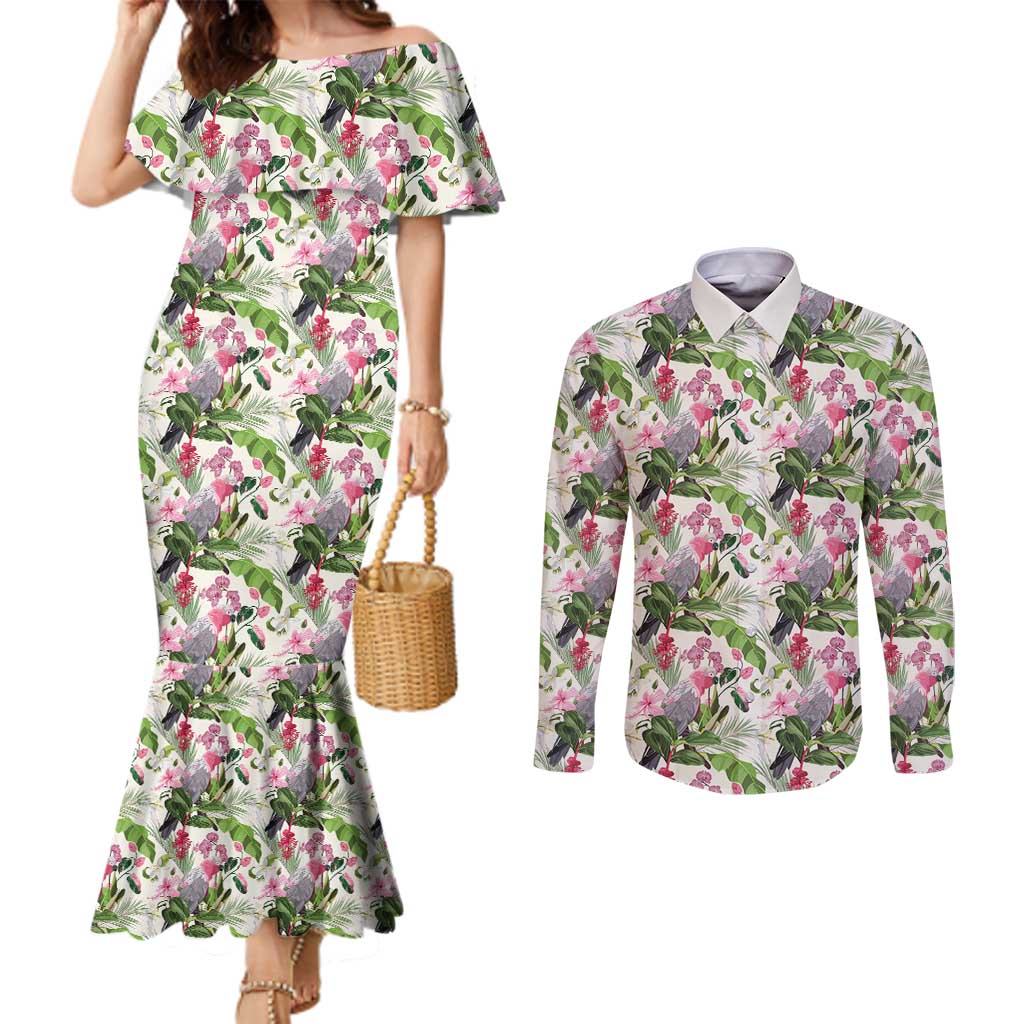 Aussie Pink Cockatoo Flowers Seamless Pattern Couples Matching Mermaid Dress and Long Sleeve Button Shirt - Aussie Hoodie