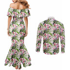 Aussie Pink Cockatoo Flowers Seamless Pattern Couples Matching Mermaid Dress and Long Sleeve Button Shirt - Aussie Hoodie