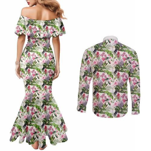 Aussie Pink Cockatoo Flowers Seamless Pattern Couples Matching Mermaid Dress and Long Sleeve Button Shirt - Aussie Hoodie