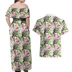 Aussie Pink Cockatoo Flowers Seamless Pattern Couples Matching Off Shoulder Maxi Dress and Hawaiian Shirt - Aussie Hoodie