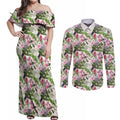 Aussie Pink Cockatoo Flowers Seamless Pattern Couples Matching Off Shoulder Maxi Dress and Long Sleeve Button Shirt - Aussie Hoodie