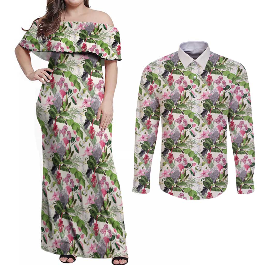 Aussie Pink Cockatoo Flowers Seamless Pattern Couples Matching Off Shoulder Maxi Dress and Long Sleeve Button Shirt - Aussie Hoodie